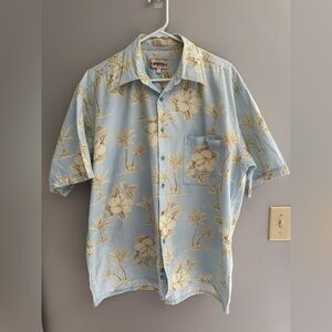 Campia Moda Hawaiian Shirt Men’s SZ L Blue Beige Short Sleeve 100% Cotton Floral